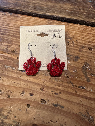 Bling red paw dangle earrings