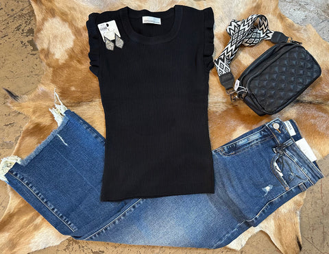 Ruffle trim ribbed sweater