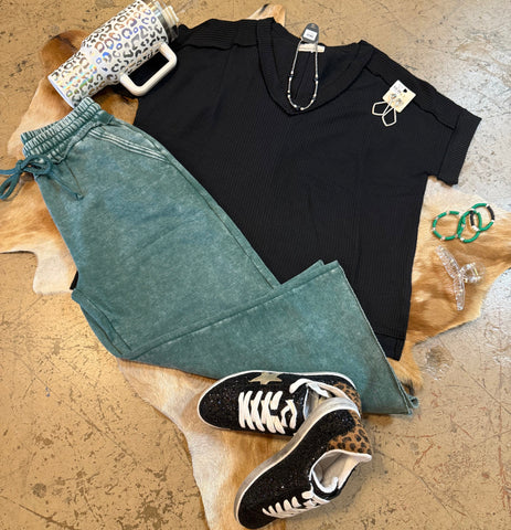 Corded rib hi-low v-neck