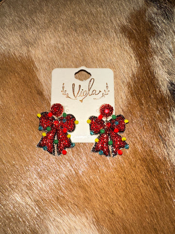 Red bead bow earrings