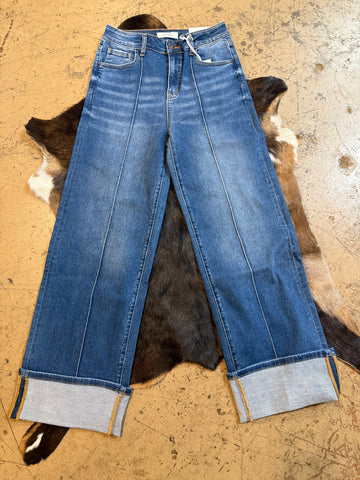ZENANA CUFFED WIDE LEG PINTUCK DENIM PANTS