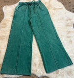 ACID WASHED FLEECE PINTUCK WIDE LEG PANTS GREEN