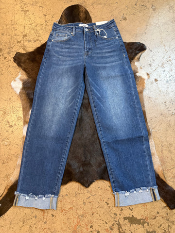 Zenana wide cuffed raw hem denim pants