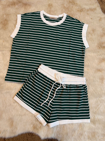 STRIPE CONTRAST TRIM RIB BANDED TOP & SHORTS SET