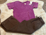 ACID WASHED FLEECE PINTUCK CROPPED WIDE LEG PANTS BROWN