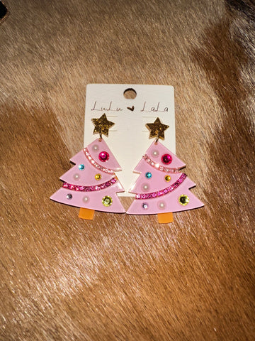 Pink Christmas tree earrings