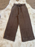 ACID WASHED FLEECE PINTUCK CROPPED WIDE LEG PANTS BROWN