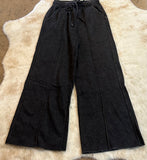 ACID WASHED FLEECE PINTUCK WIDE LEG PANTS BLACK
