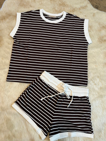 STRIPE CONTRAST TRIM RIB BANDED TOP & SHORTS SET