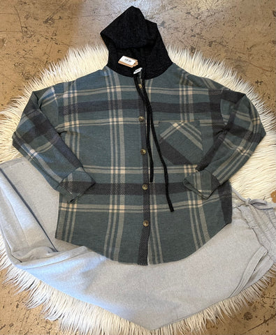 Plaid button down hooded shacket