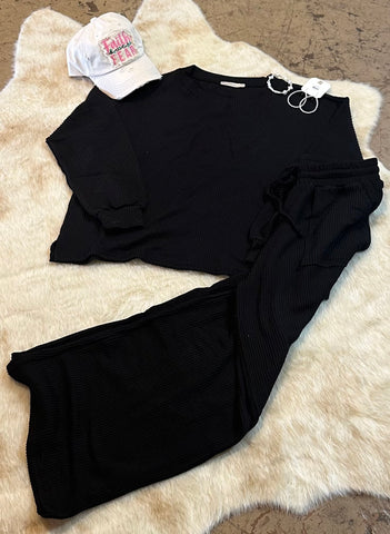 RAISED RIB ROUND NECK PULLOVER & PANTS SET BLACK