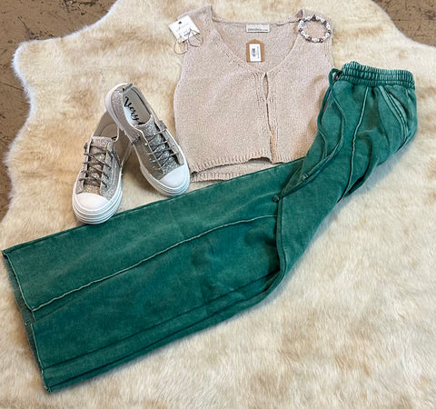 ACID WASHED FLEECE PINTUCK WIDE LEG PANTS GREEN